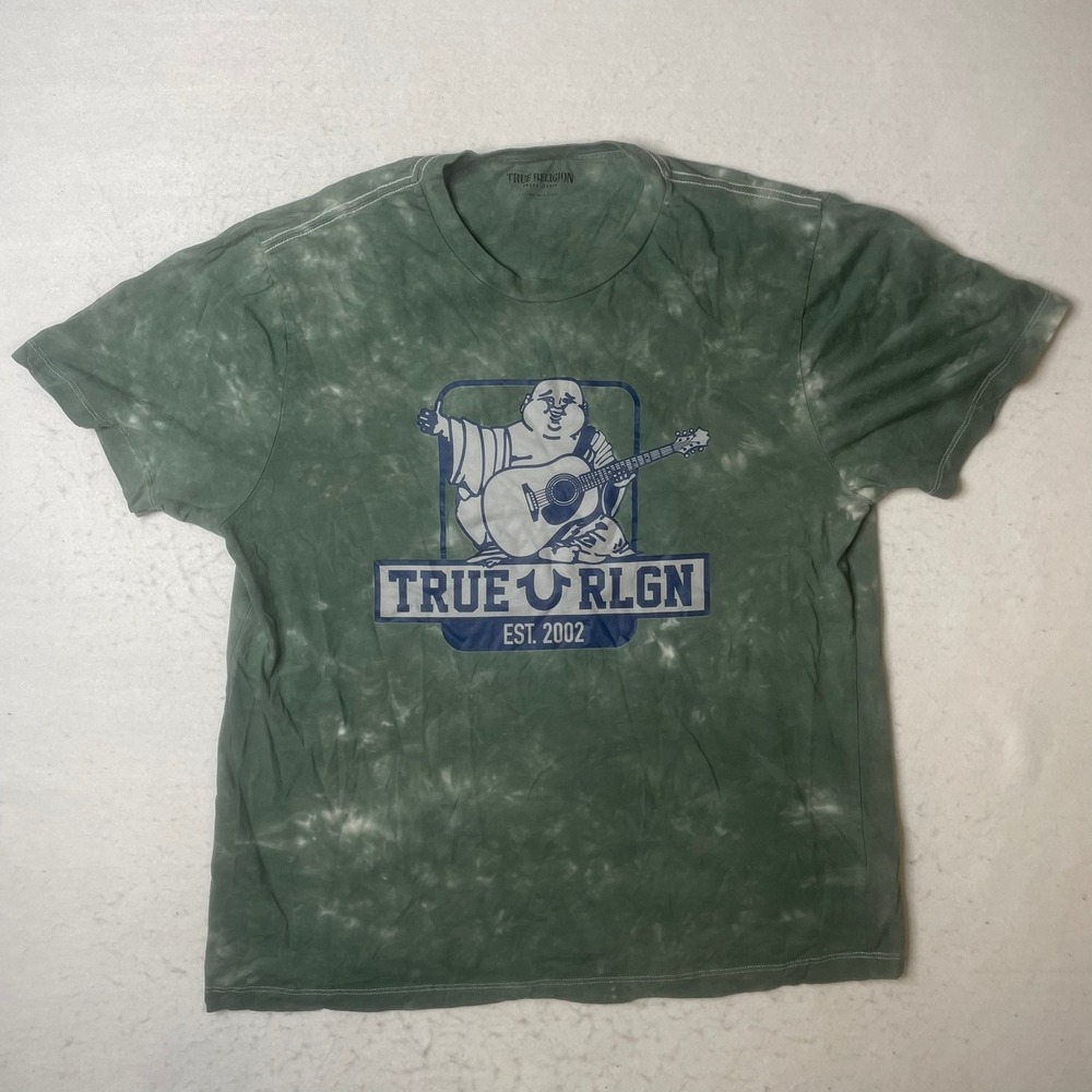 True Religion Mens 2XLarge Green Tie Dye Buddha Logo SS Tee TShirt